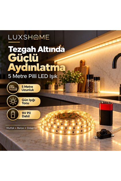 5 Metre Pilli LED Şerit Işık Gün Işığı 9V Pil Dahil Aç Kapa Anahtarlı Tezgah Altı Ayna Arkası