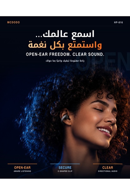 Air O3 Clip-On Open-Ear TWS Earbuds with Digital Battery Display, Bluetooth 5.4, Black, HP-8160