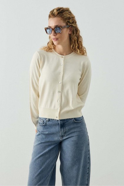 Krem Bisiklet Yaka Basic Triko Hırka