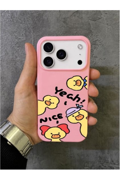 iPhone 17 Pro Max - 18 Pro Max Compatible Yeah Nice Written Yellow Ducks Patterned Pink Case