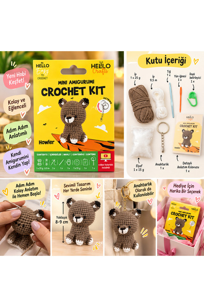 Hello Crafts Mini Amigurumi Crochet Kit Howler Ayıcık Anahtarlık Örgü Kiti