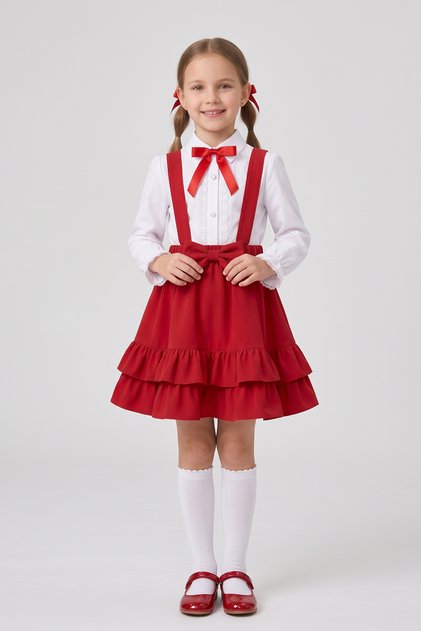 Girls' Red Bow Lace White Long Sleeve Shirt Red Bow Double Ruffle Salopet April 23 October 29 Show Outfit