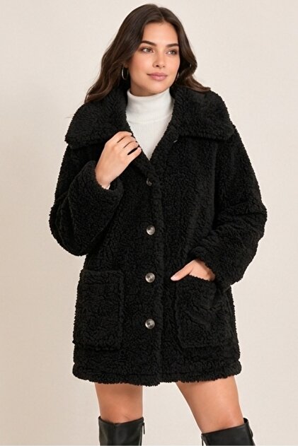 Cardigan de damă, negru, supradimensionat, cu nasturi, fără căptușeală, din pluș, Wellsoft