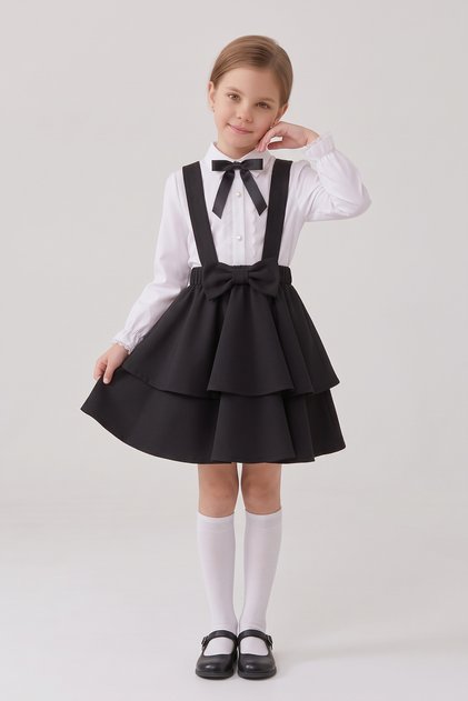 Girl's Black Bow Lace White Long Sleeve Shirt Black Bow Layered Salopet 23 April 29 October Show Outfit