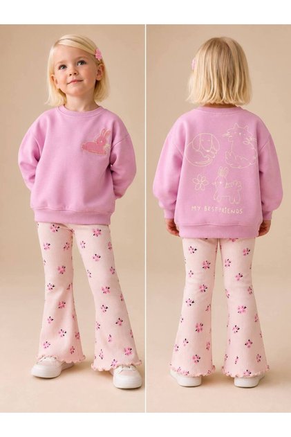 Girl's 3-Thread Non-Printed Back Printed Camisole Leggings Set