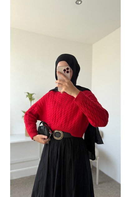 Saç Örgülü Crop Kazak - Kırmızı