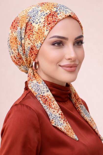 Floral Patterned Practical Scarf, No Need for Needles, Ready-To-Wear Scarf