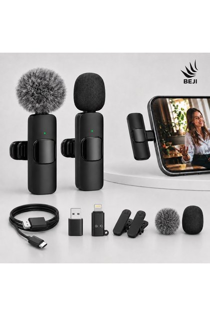 Set de 2 microfoane lavalieră wireless ® K9, pentru iPhone și Android, Adaptor USB + Lightning gratuit inclus, 2 protecții anti-vânt gratuite, Reducere a zgomotului de 64dB