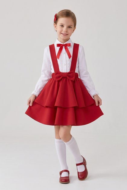 Girl's Red Bow Lace White Long Sleeve Shirt Red Bow Layered Salopet April 23 October 29 Show Outfit