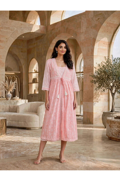 Geometric Print Front-Tie Layered Midi Dress