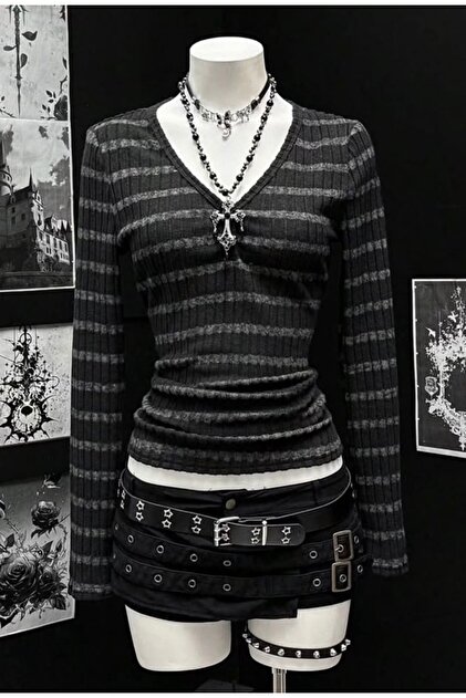 V-Neck Gray Black Striped Italian Style Long Sleeve Blouse