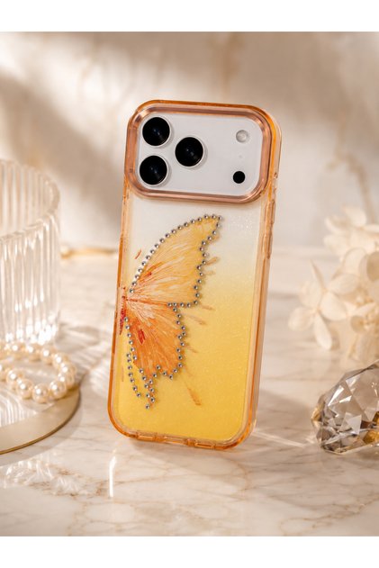 iPhone 18 Pro Max (6.9 Inch) Compatible Silvery Transparent Butterfly Patterned Color Gradient Processing Stone Detailed Metal Camera Protected Hard Silicone Butterfly Case