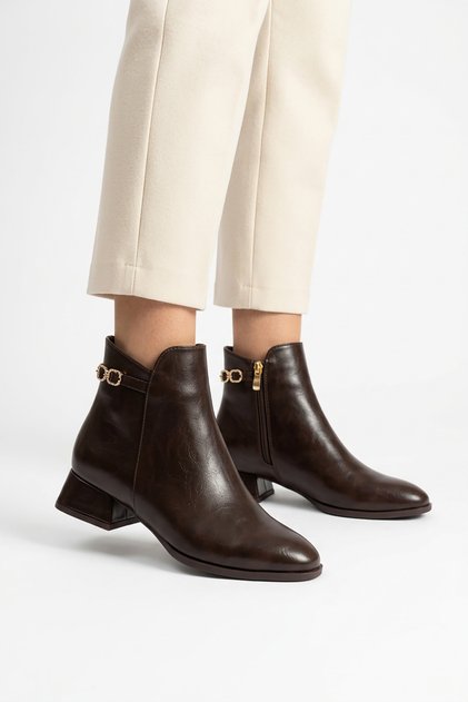 Ramse Low Heel Women's Heeled Boots with Stone Buckle on the Back, Brown Leather