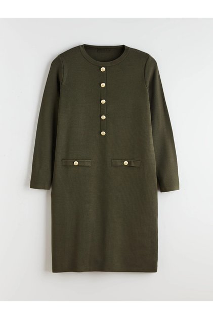 Button Detailed Crew Neck Knitwear Dress