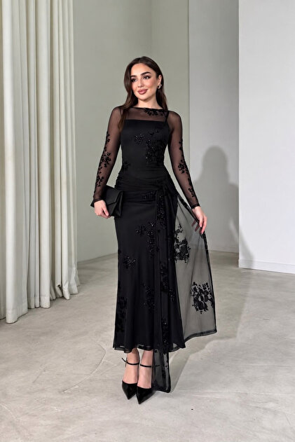 Women's Silvery Floral Embroidered Transparent Detailed Belted Front Maxi Long Sleeve Tulle Dress