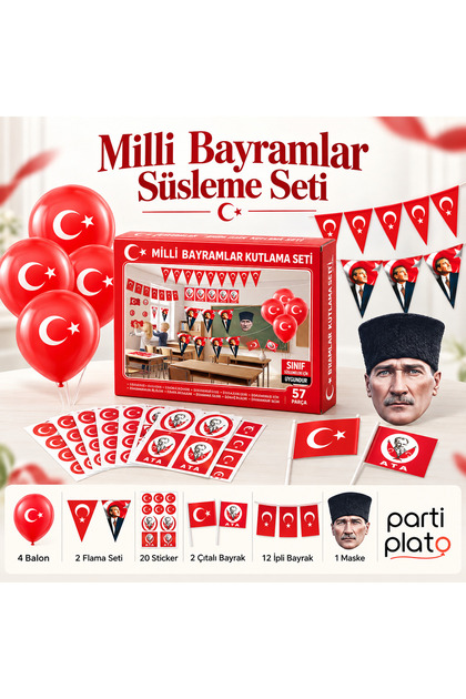 Milli Bayramlar Sınıf Süsleme Seti 23 Nisan 29 Ekim Bayrak Flama Balon ve Atatürk Maske