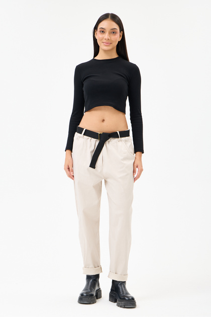 Women's Beige Italian Belted Lycra Carrot Shalwar Trousers Size 40 - 50