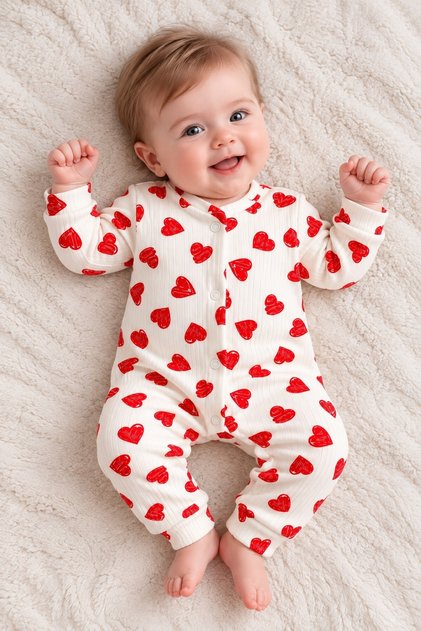 Baby Romper - Red Heart Patterned Long Sleeve Snap Romper
