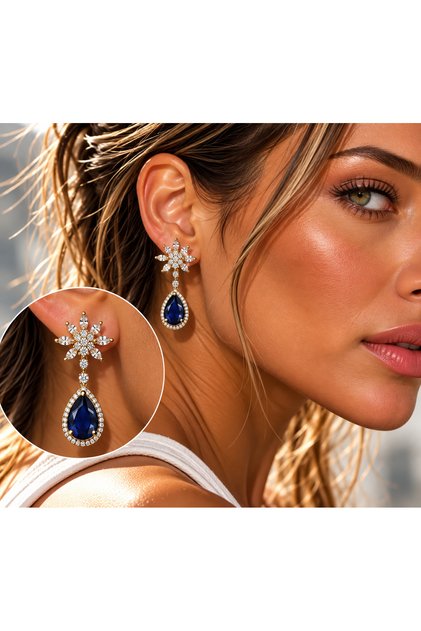 Design Elegant Navy Blue Stone Crystal Flower Gold Dangle Earrings