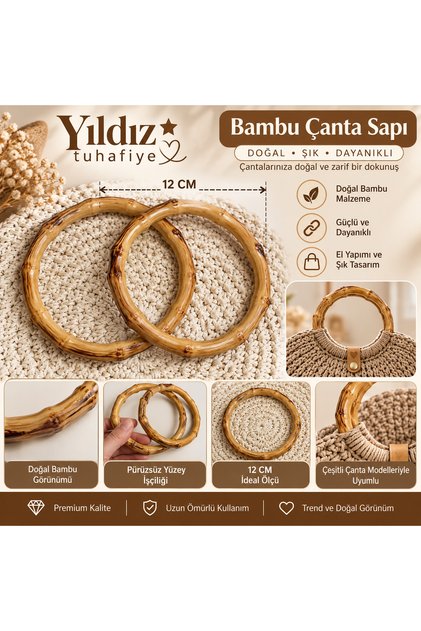 12 cm Bambu Çanta Sapı Yuvarlak Halka Çanta Kolu – 2’li Set