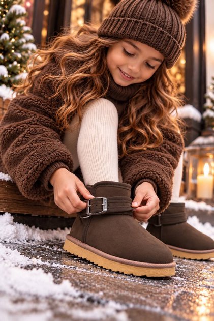 Unisex Children's Furry Suede Winter Boots – Non-Slip Sole with Velcro and Buckle Detail