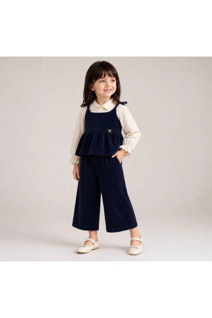 Girl's Cotton Navy Blue Velvet Trousers, Tie-Up Sweater and Scallop Detailed Shirt 3-Piece Set