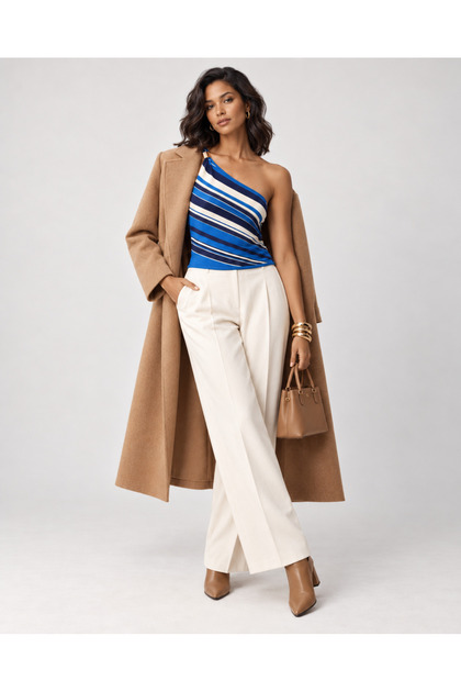 Blue Asymmetric Collar Fitted Color Block Crop Knitwear