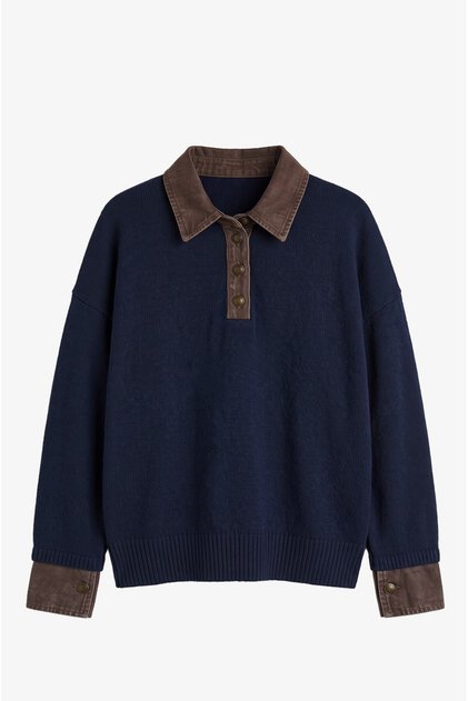 Lacivert Yakası Kolları Denim Detaylı Kazak