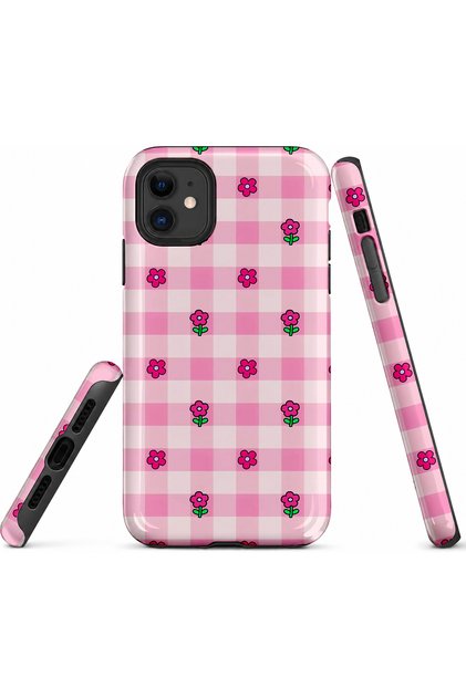 iPhone 11 Compatible - Pink Gingham, Double Layer Cover, Glossy Surface Protective Case