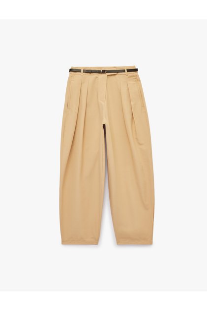 Belted, Pocketed, Loose-Fit Pleated Gabardine Barrel Trousers