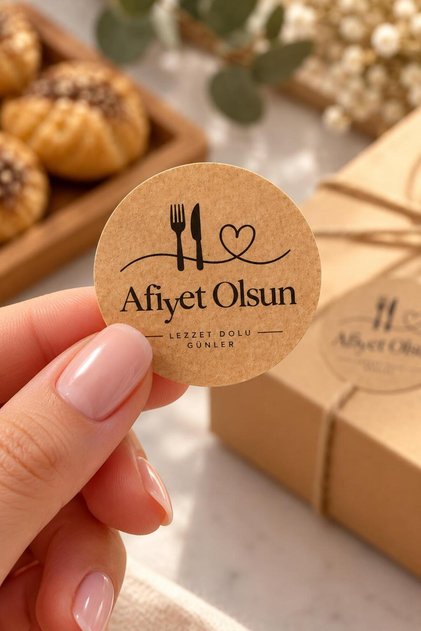 120 Adet Afiyet Olsun Kraft Sticker 4 cm Yuvarlak Yapışkanlı Etiket 5 A4 Sayfa – Butik Pasta, Kurabiye, Gıda Paketleme