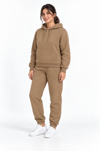 Winter 3 Threaded Hooded Brown Women's Tracksuit Set with Side Pockets and Fleece Inside