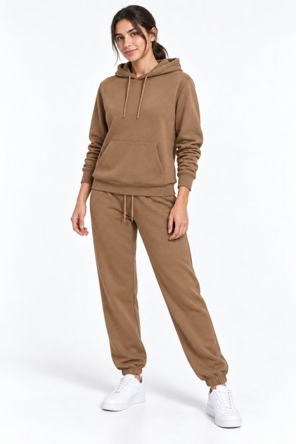 3 Thread Women's Brown Tracksuit Set with Fleece Inside and Hooded Kangaroo Pocket