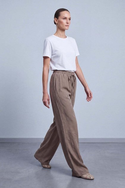 Lace-Up Wide-Leg Suede Pants in Taupe Color