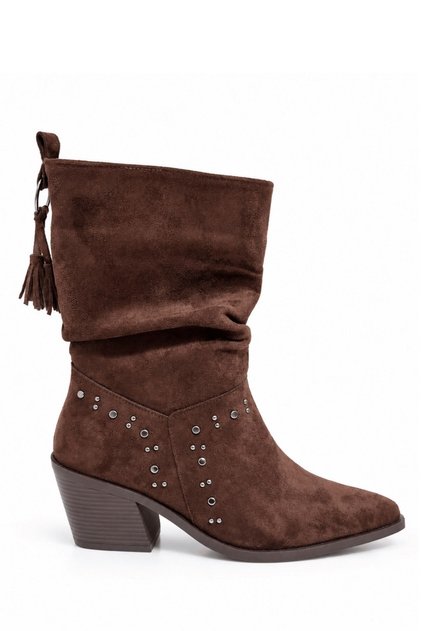 Frea Women's Brown Suede Studded Tasseled Bellows Thick Heeled Ankle Length Short Boots 6.5 cm Heel