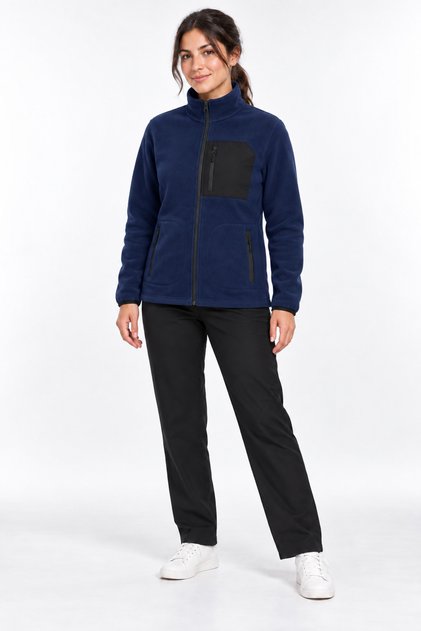 Women's Navy Blue Fleece Jacket with High Collar, Front Pockets and Zipper