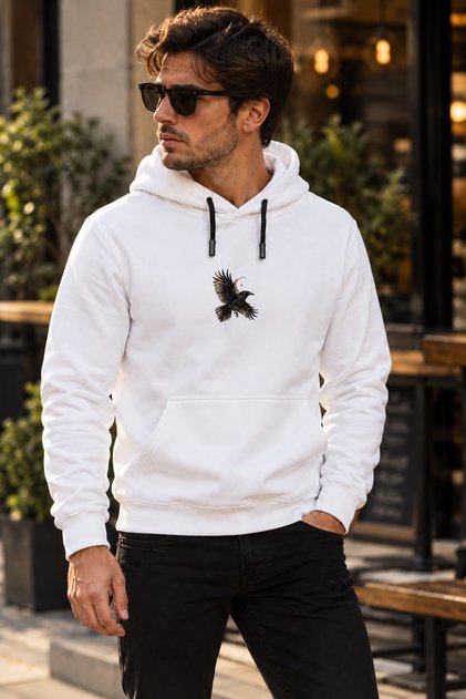 Unisex Minimal Raven Printed Hooded Sweatshirt Raven Moon Patterned Hoodie