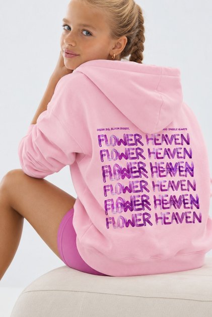Girl's Oversize Hoodie Sweatshirt Flower Heaven Printed Pink – Hooded, with Pockets, 3 Thread Fleece