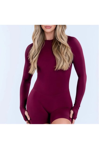 XS Winter Berry Gym Bodysuit Long Sleeve One Piece Women Hollow Back Bodycon Yoga Fitness Slim Fit R