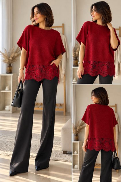 Kadın Dantel Detaylı Oversize Triko Bluz – Kısa Kollu