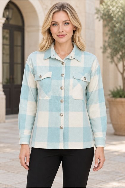 Women's Long Sleeve Buttoned Plaid Patterned Comfortable Fit Stylish Green and White Shirt with Chest Pockets