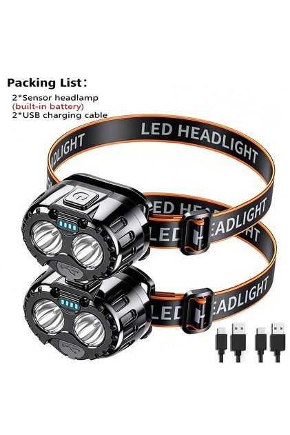 مصباح رأس LED قوي مقاوم للماء IPX4، كشاف طوارئ 350 لومن بتقنية XPE LED للاستخدام الخارجي، قطعتان