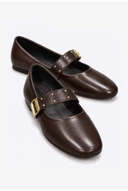 Women's Pin Buckle Elastic Ballerinas Brown Wrinkled
