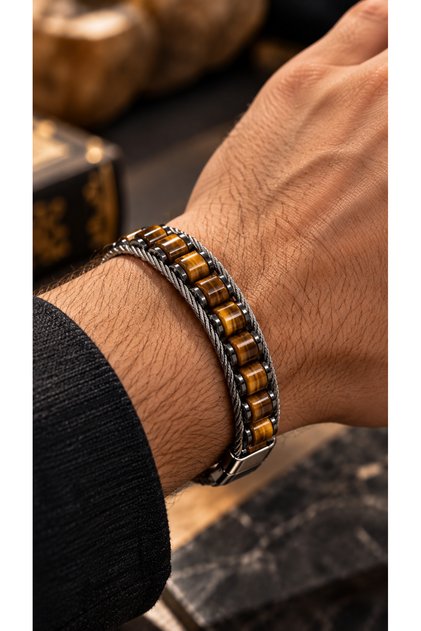 Tiger's Eye Natural Stone Men's Steel Bracelet