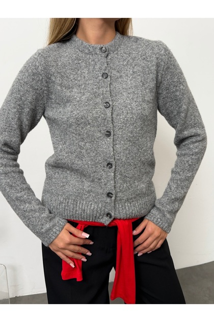 Women's Wool Crew Neck Buttoned Knitted Sweater Cardigan Gray