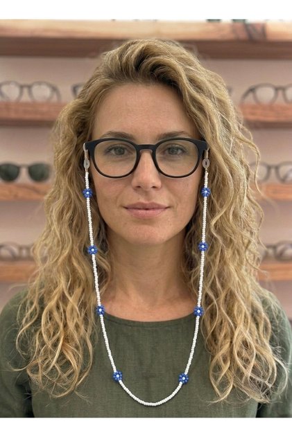 White Sand Beads Blue Floral Eyeglass Strap Accessory Compatible with Optical and Sunglasses