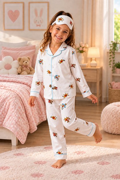 Kız ve Erkek Çocuk Karakter Desenli Pamuklu Düğmeli Pijama Takımı