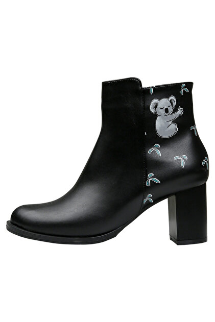 Women's Vegan Leather Black Heeled Bootie - Koala Hug Design