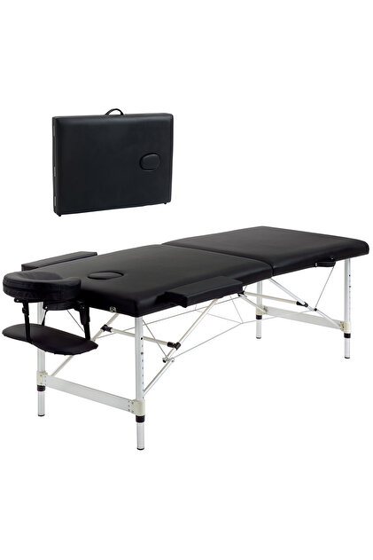 Masă de masaj pliabilă cu 2 zone, cu piele ecologică, tetieră, cotiere și geantă; reglabilă pe înălțime, lățime de 90 cm, capacitate de încărcare de până la 225 kg (Negru)