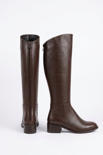 Genuine Leather Women's Boots with Parlen Pieces and Back Zipper, Brown Skin